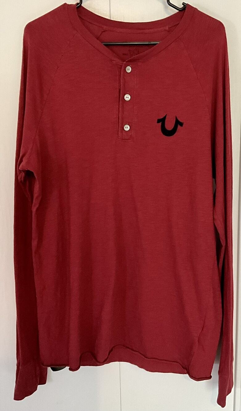 True Religion Long Sleeve Red Henley Velvet Logo T-Shirt Size Large-Made In USA